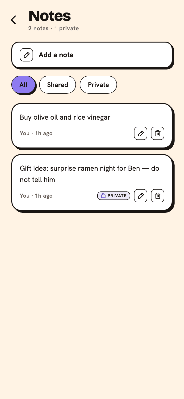 The Notes screen with a shared grocery note and a private note marked with a PRIVATE lock tag