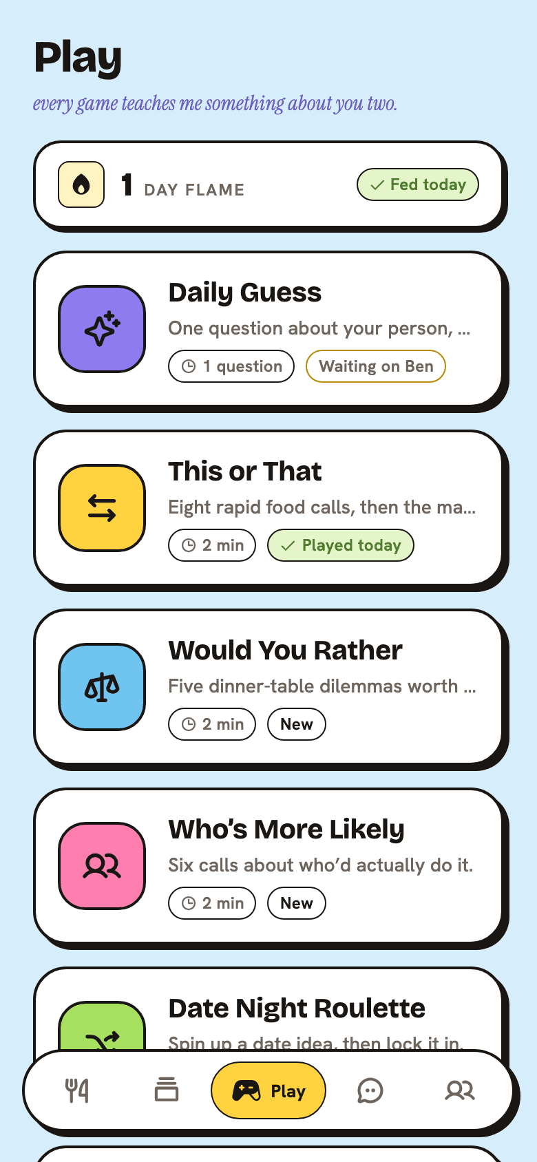 The Play tab: the shared Day Flame strip, and game cards for Daily Guess, This or That, Would You Rather, Who's More Likely, Date Night Roulette, and Quests