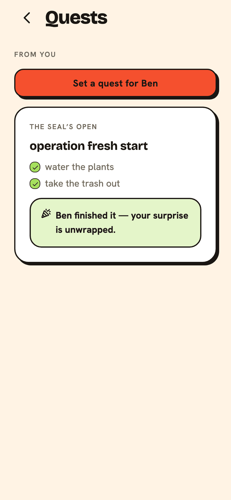 The Quests screen showing a finished quest 'operation fresh start' with every box ticked and the message 'Ben finished it — your surprise is unwrapped'