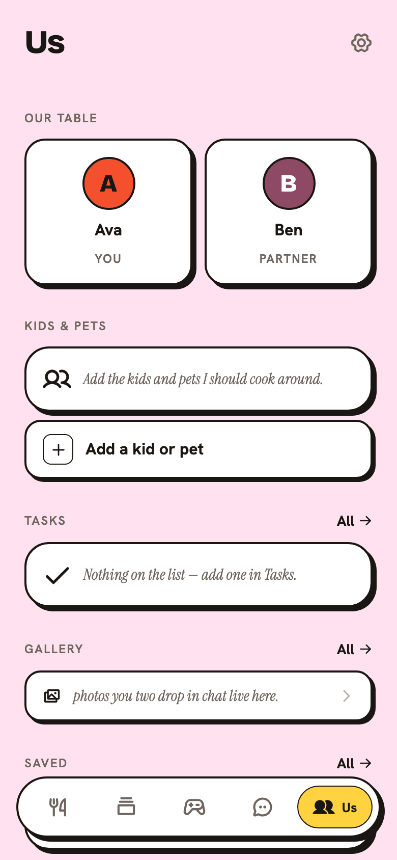 The Us tab showing both partners, the invite code, kids and pets, and the 'What Aly knows' memory chips